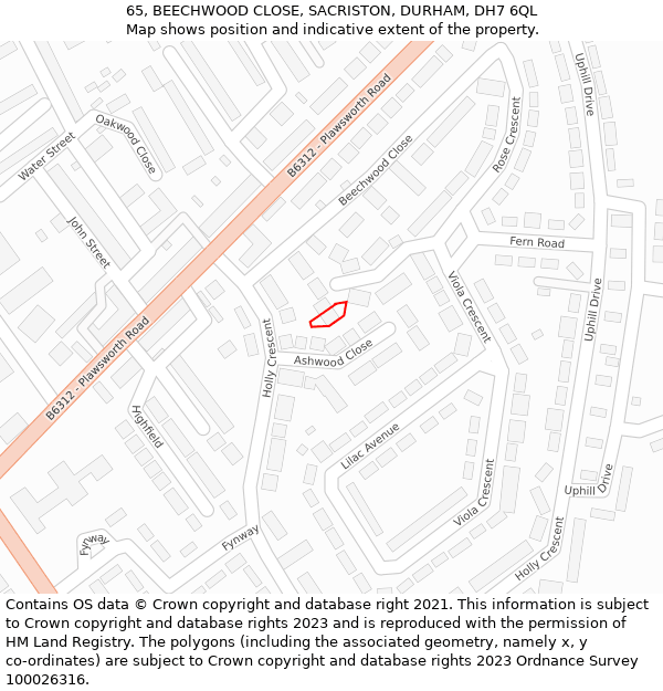65, BEECHWOOD CLOSE, SACRISTON, DURHAM, DH7 6QL: Location map and indicative extent of plot