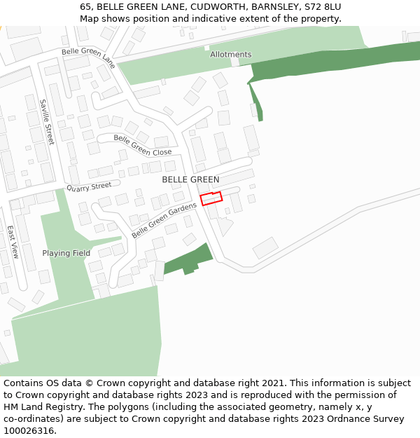 65, BELLE GREEN LANE, CUDWORTH, BARNSLEY, S72 8LU: Location map and indicative extent of plot