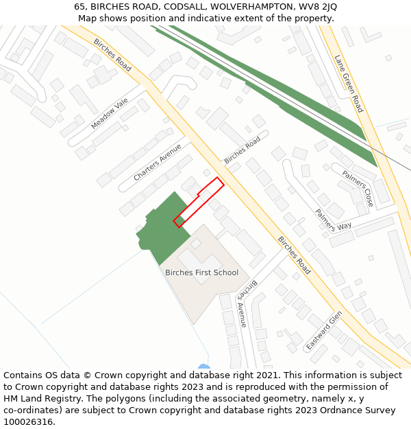 65, BIRCHES ROAD, CODSALL, WOLVERHAMPTON, WV8 2JQ: Location map and indicative extent of plot