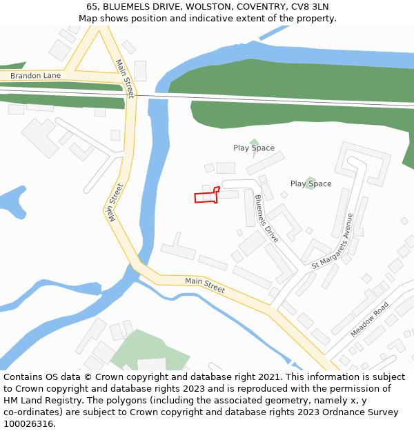 65, BLUEMELS DRIVE, WOLSTON, COVENTRY, CV8 3LN: Location map and indicative extent of plot