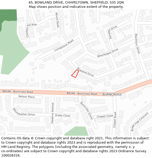 65, BOWLAND DRIVE, CHAPELTOWN, SHEFFIELD, S35 2QN: Location map and indicative extent of plot