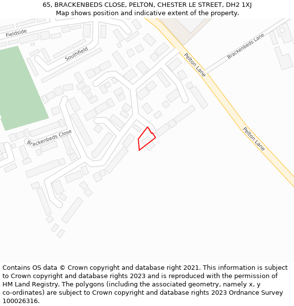 65, BRACKENBEDS CLOSE, PELTON, CHESTER LE STREET, DH2 1XJ: Location map and indicative extent of plot