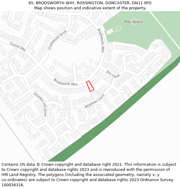 65, BRODSWORTH WAY, ROSSINGTON, DONCASTER, DN11 0FD: Location map and indicative extent of plot