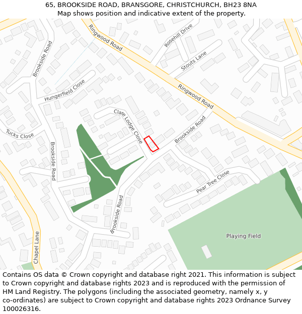 65, BROOKSIDE ROAD, BRANSGORE, CHRISTCHURCH, BH23 8NA: Location map and indicative extent of plot