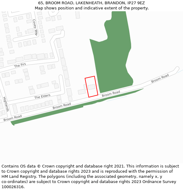 65, BROOM ROAD, LAKENHEATH, BRANDON, IP27 9EZ: Location map and indicative extent of plot