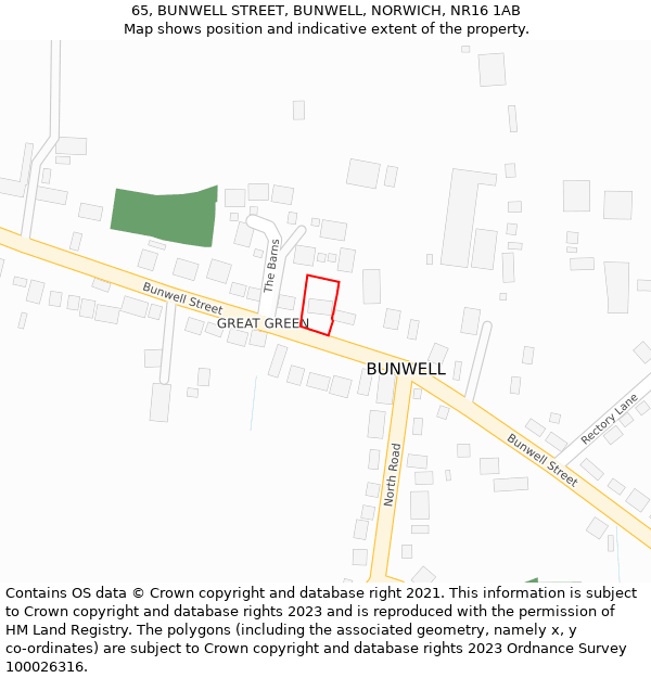 65, BUNWELL STREET, BUNWELL, NORWICH, NR16 1AB: Location map and indicative extent of plot