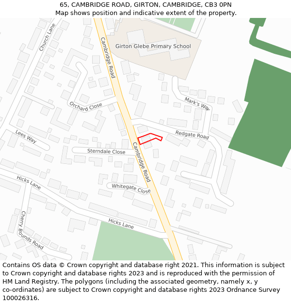 65, CAMBRIDGE ROAD, GIRTON, CAMBRIDGE, CB3 0PN: Location map and indicative extent of plot