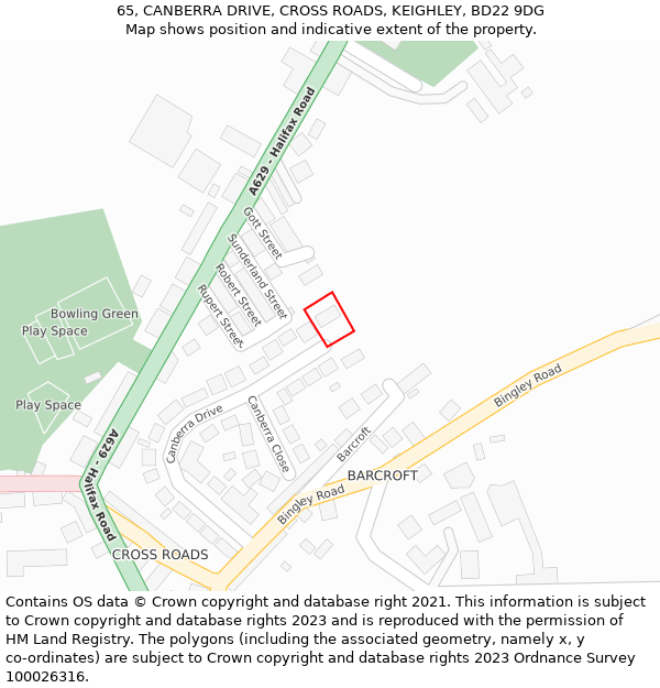 65, CANBERRA DRIVE, CROSS ROADS, KEIGHLEY, BD22 9DG: Location map and indicative extent of plot