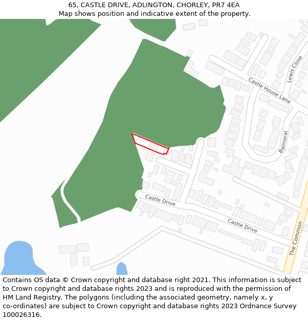 65, CASTLE DRIVE, ADLINGTON, CHORLEY, PR7 4EA: Location map and indicative extent of plot