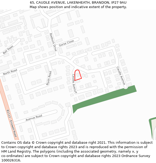 65, CAUDLE AVENUE, LAKENHEATH, BRANDON, IP27 9AU: Location map and indicative extent of plot