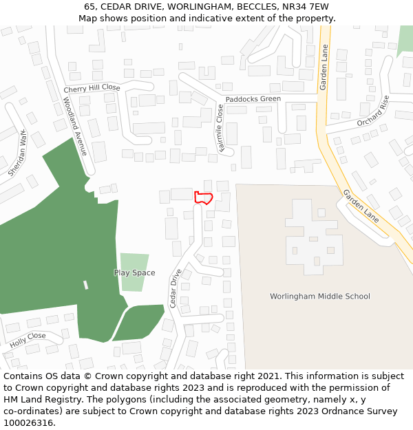 65, CEDAR DRIVE, WORLINGHAM, BECCLES, NR34 7EW: Location map and indicative extent of plot