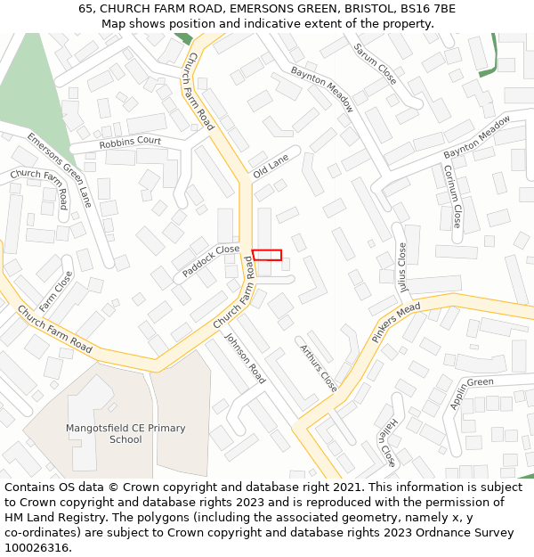 65, CHURCH FARM ROAD, EMERSONS GREEN, BRISTOL, BS16 7BE: Location map and indicative extent of plot