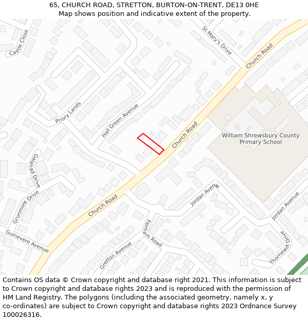 65, CHURCH ROAD, STRETTON, BURTON-ON-TRENT, DE13 0HE: Location map and indicative extent of plot