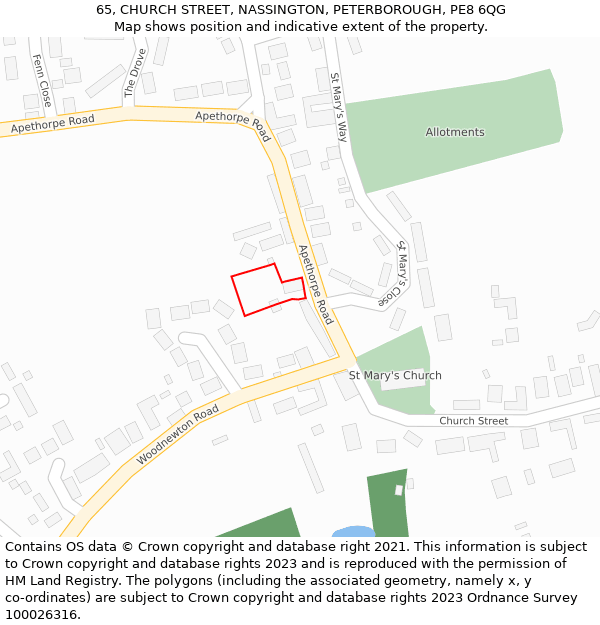 65, CHURCH STREET, NASSINGTON, PETERBOROUGH, PE8 6QG: Location map and indicative extent of plot