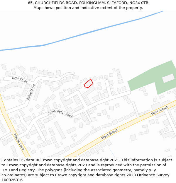 65, CHURCHFIELDS ROAD, FOLKINGHAM, SLEAFORD, NG34 0TR: Location map and indicative extent of plot