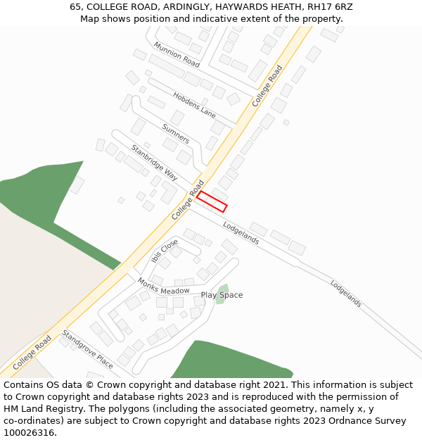 65, COLLEGE ROAD, ARDINGLY, HAYWARDS HEATH, RH17 6RZ: Location map and indicative extent of plot