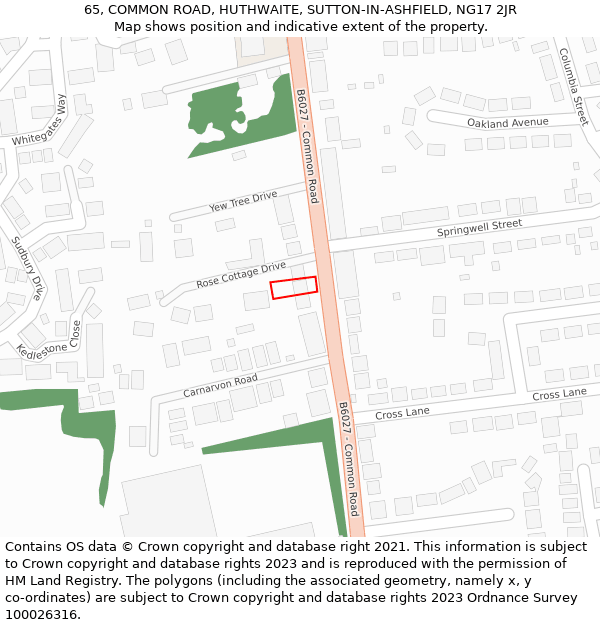 65, COMMON ROAD, HUTHWAITE, SUTTON-IN-ASHFIELD, NG17 2JR: Location map and indicative extent of plot