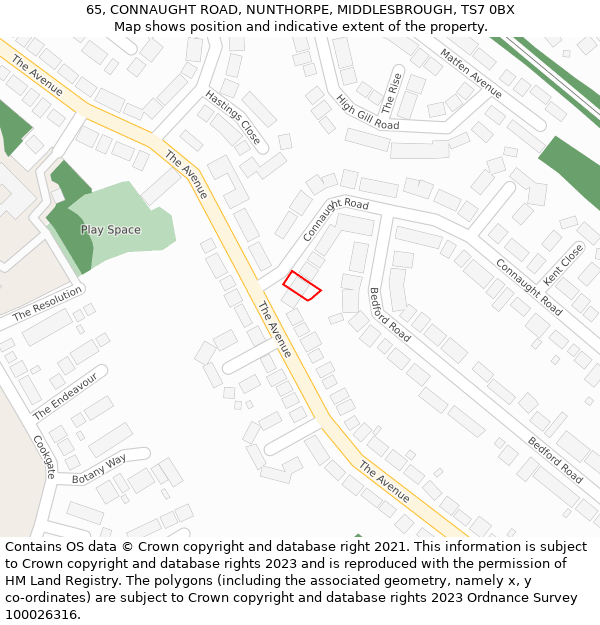 65, CONNAUGHT ROAD, NUNTHORPE, MIDDLESBROUGH, TS7 0BX: Location map and indicative extent of plot
