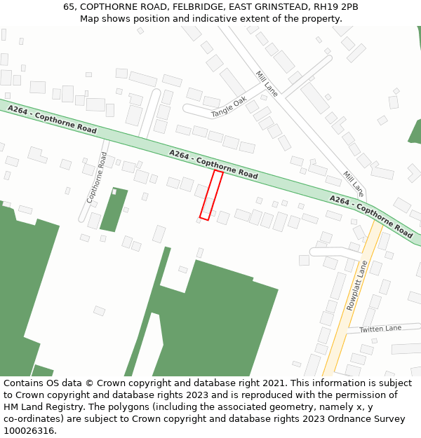 65, COPTHORNE ROAD, FELBRIDGE, EAST GRINSTEAD, RH19 2PB: Location map and indicative extent of plot