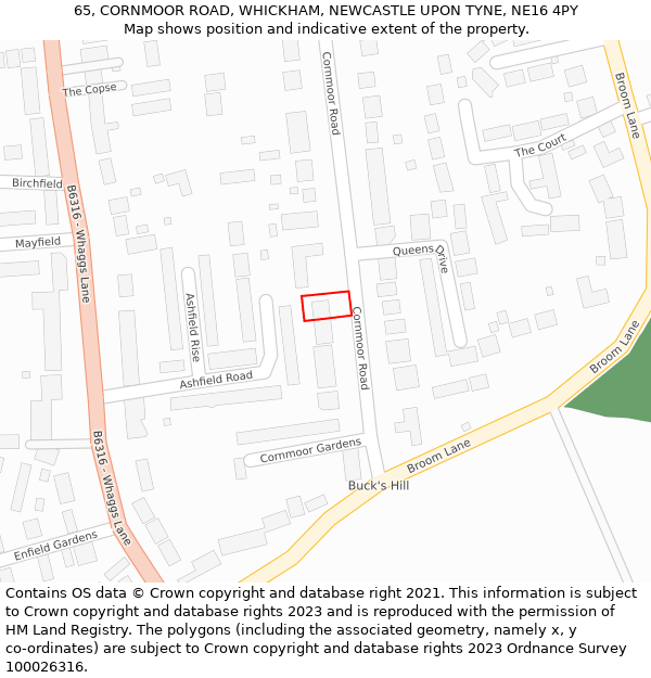 65, CORNMOOR ROAD, WHICKHAM, NEWCASTLE UPON TYNE, NE16 4PY: Location map and indicative extent of plot