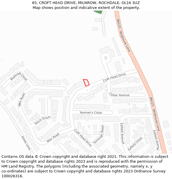 65, CROFT HEAD DRIVE, MILNROW, ROCHDALE, OL16 3UZ: Location map and indicative extent of plot