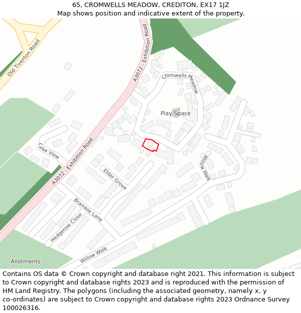 65, CROMWELLS MEADOW, CREDITON, EX17 1JZ: Location map and indicative extent of plot