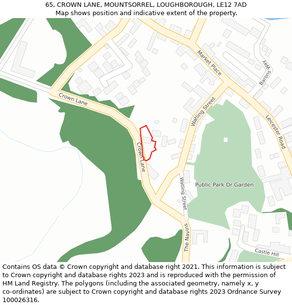 65, CROWN LANE, MOUNTSORREL, LOUGHBOROUGH, LE12 7AD: Location map and indicative extent of plot