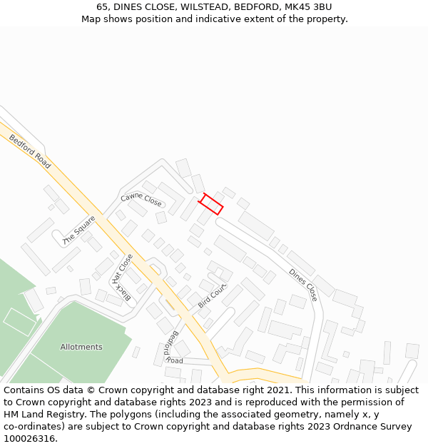 65, DINES CLOSE, WILSTEAD, BEDFORD, MK45 3BU: Location map and indicative extent of plot