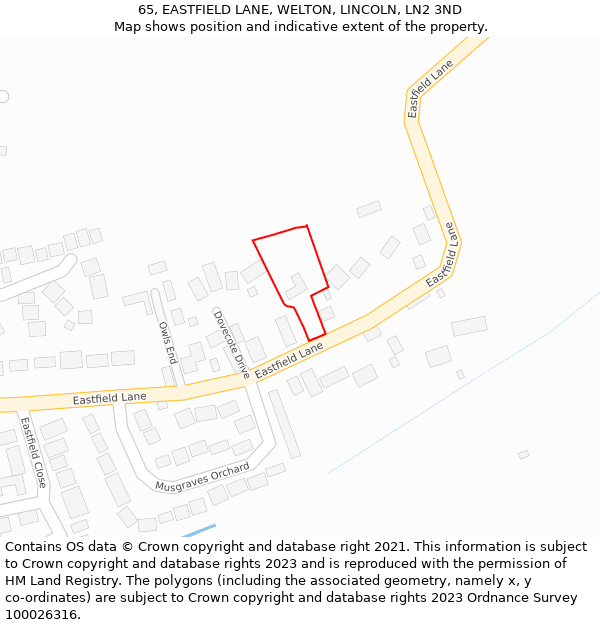 65, EASTFIELD LANE, WELTON, LINCOLN, LN2 3ND: Location map and indicative extent of plot