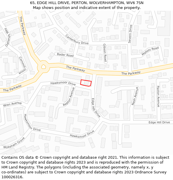 65, EDGE HILL DRIVE, PERTON, WOLVERHAMPTON, WV6 7SN: Location map and indicative extent of plot