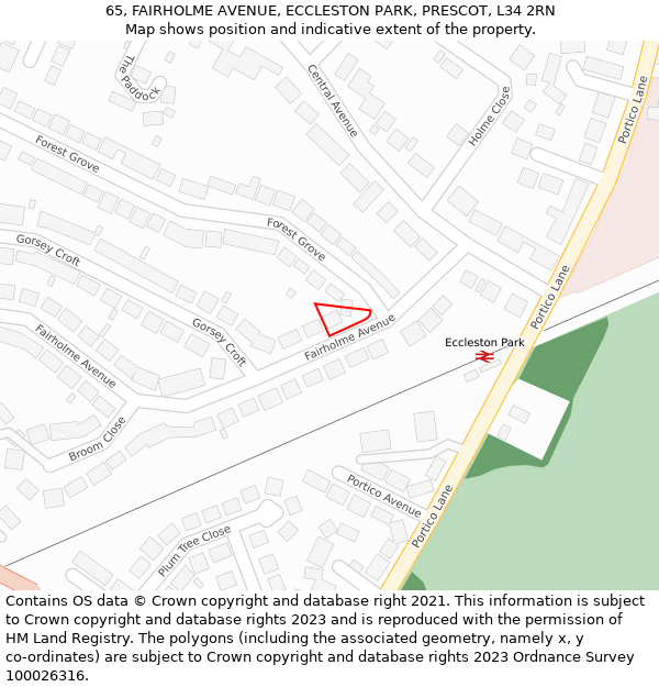 65, FAIRHOLME AVENUE, ECCLESTON PARK, PRESCOT, L34 2RN: Location map and indicative extent of plot