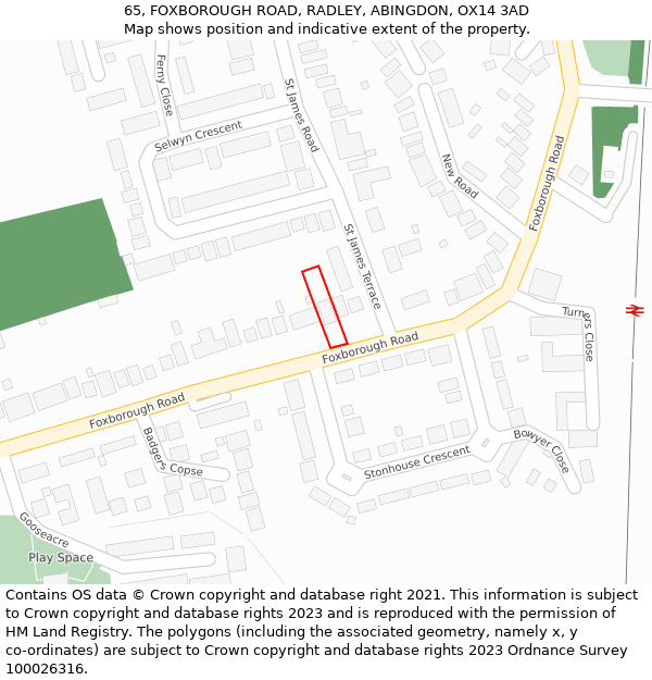 65, FOXBOROUGH ROAD, RADLEY, ABINGDON, OX14 3AD: Location map and indicative extent of plot