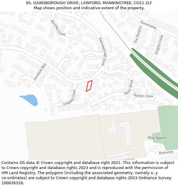 65, GAINSBOROUGH DRIVE, LAWFORD, MANNINGTREE, CO11 2LF: Location map and indicative extent of plot