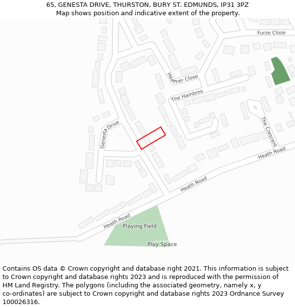 65, GENESTA DRIVE, THURSTON, BURY ST. EDMUNDS, IP31 3PZ: Location map and indicative extent of plot