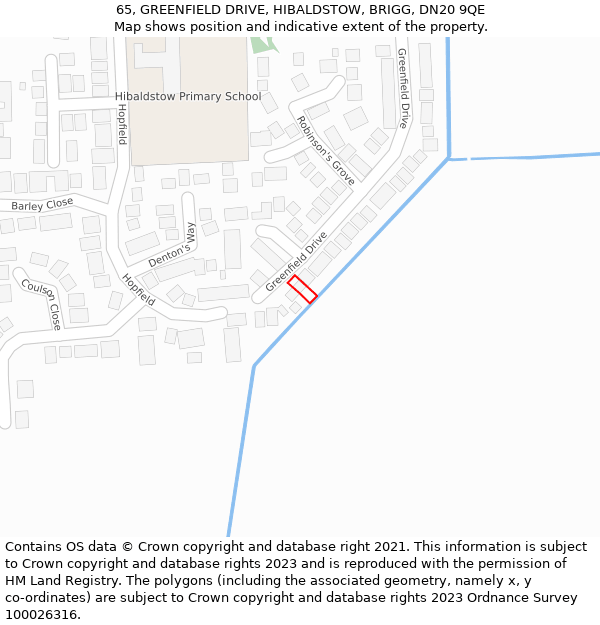 65, GREENFIELD DRIVE, HIBALDSTOW, BRIGG, DN20 9QE: Location map and indicative extent of plot