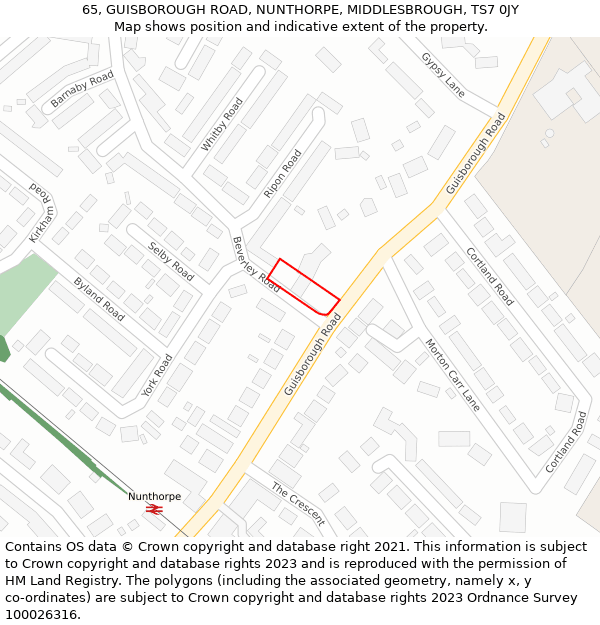 65, GUISBOROUGH ROAD, NUNTHORPE, MIDDLESBROUGH, TS7 0JY: Location map and indicative extent of plot