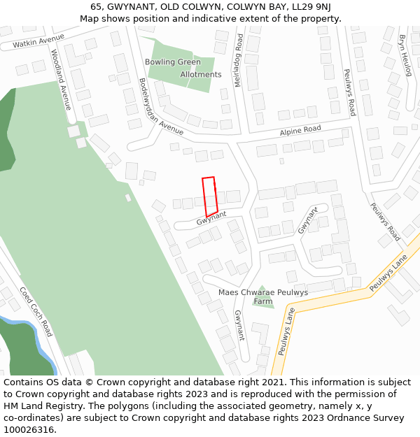 65, GWYNANT, OLD COLWYN, COLWYN BAY, LL29 9NJ: Location map and indicative extent of plot