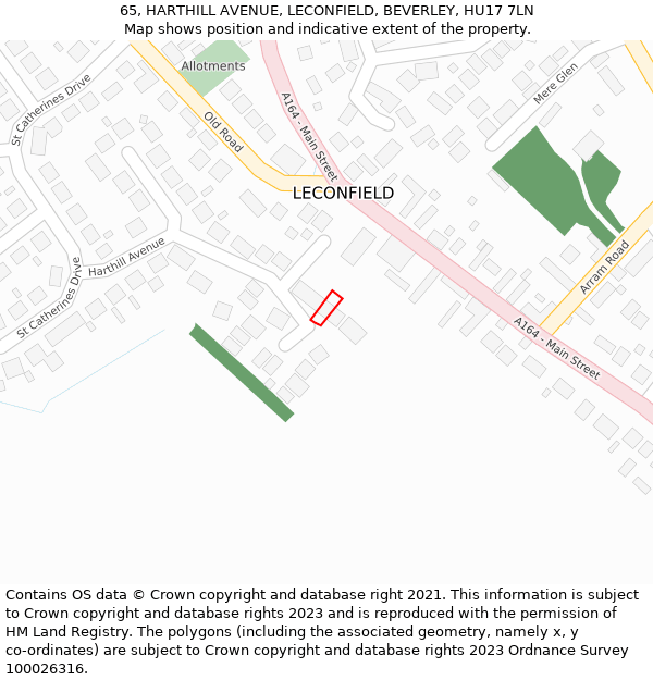 65, HARTHILL AVENUE, LECONFIELD, BEVERLEY, HU17 7LN: Location map and indicative extent of plot