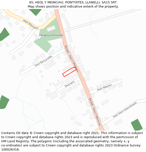 65, HEOL Y MEINCIAU, PONTYATES, LLANELLI, SA15 5RT: Location map and indicative extent of plot