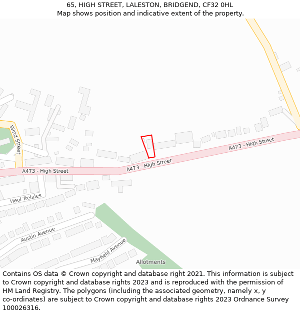 65, HIGH STREET, LALESTON, BRIDGEND, CF32 0HL: Location map and indicative extent of plot