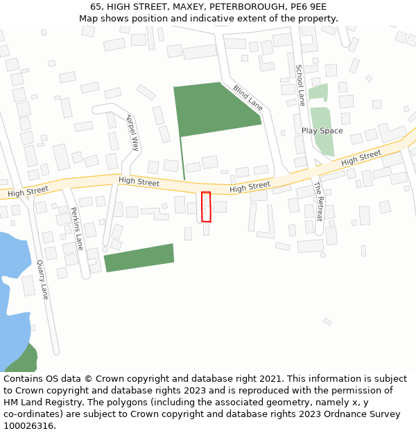 65, HIGH STREET, MAXEY, PETERBOROUGH, PE6 9EE: Location map and indicative extent of plot