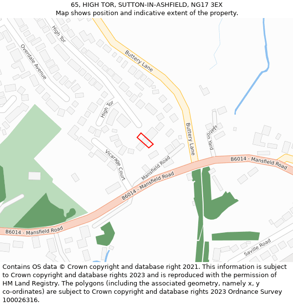 65, HIGH TOR, SUTTON-IN-ASHFIELD, NG17 3EX: Location map and indicative extent of plot