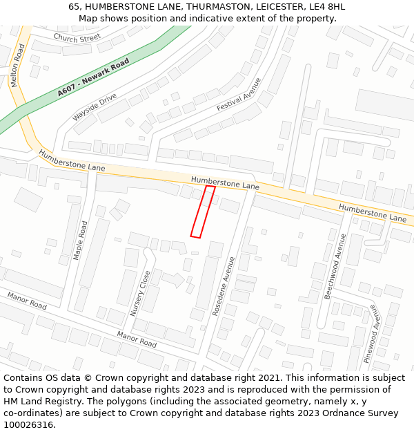 65, HUMBERSTONE LANE, THURMASTON, LEICESTER, LE4 8HL: Location map and indicative extent of plot