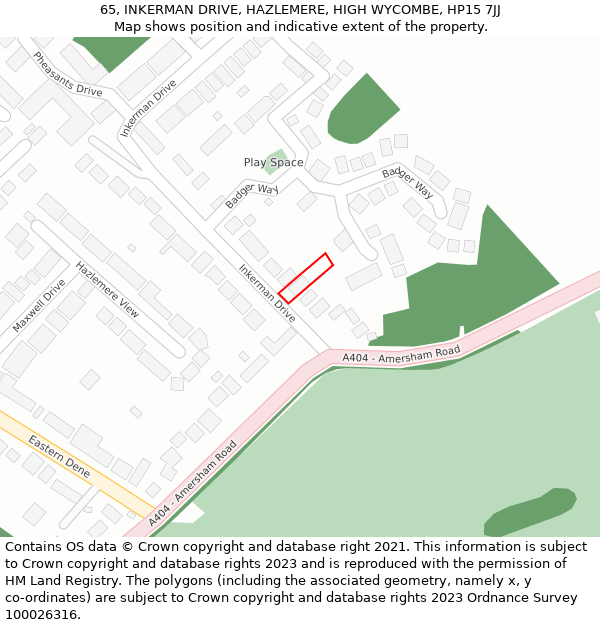 65, INKERMAN DRIVE, HAZLEMERE, HIGH WYCOMBE, HP15 7JJ: Location map and indicative extent of plot