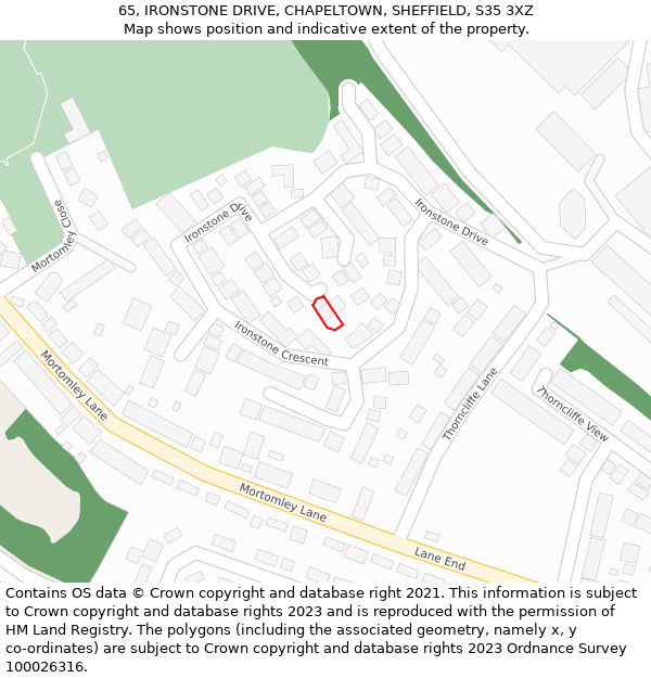 65, IRONSTONE DRIVE, CHAPELTOWN, SHEFFIELD, S35 3XZ: Location map and indicative extent of plot
