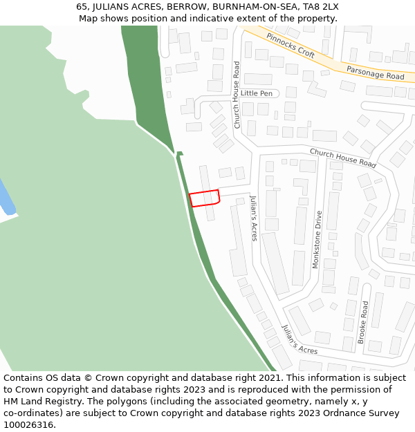 65, JULIANS ACRES, BERROW, BURNHAM-ON-SEA, TA8 2LX: Location map and indicative extent of plot