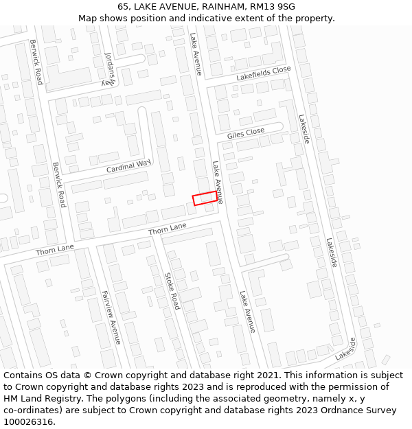 65, LAKE AVENUE, RAINHAM, RM13 9SG: Location map and indicative extent of plot