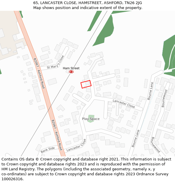 65, LANCASTER CLOSE, HAMSTREET, ASHFORD, TN26 2JG: Location map and indicative extent of plot