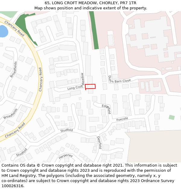 65, LONG CROFT MEADOW, CHORLEY, PR7 1TR: Location map and indicative extent of plot