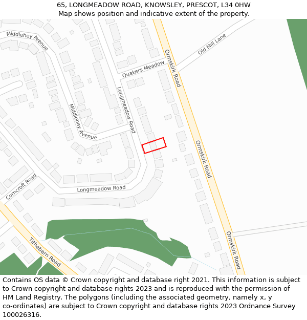 65, LONGMEADOW ROAD, KNOWSLEY, PRESCOT, L34 0HW: Location map and indicative extent of plot